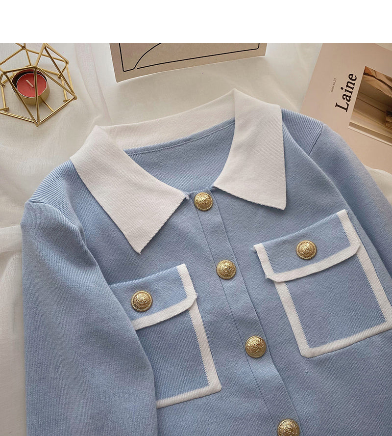 Knit cardigan design contrast color long sleeve top  6584