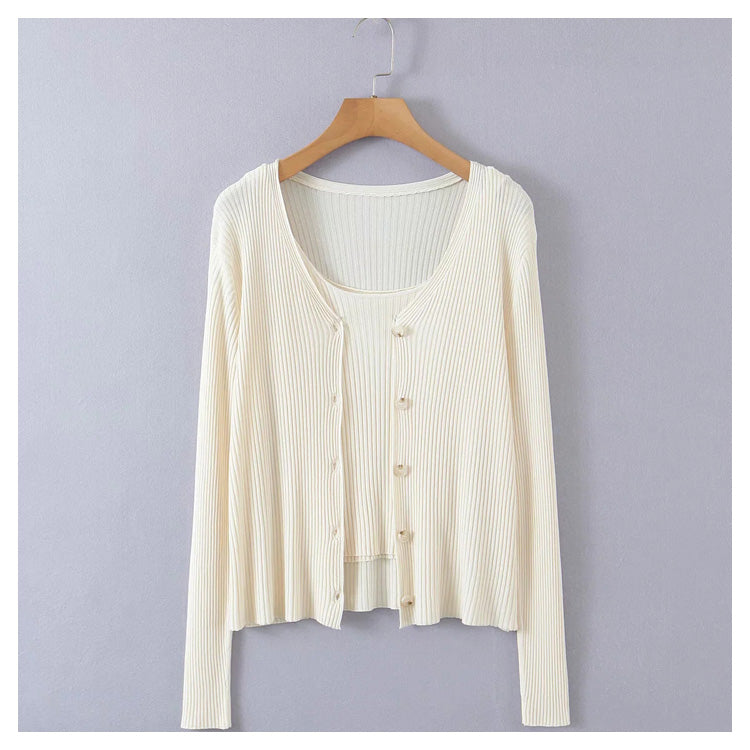 Knitted long sleeved cardigan + two-piece sweater with sling inside  7269