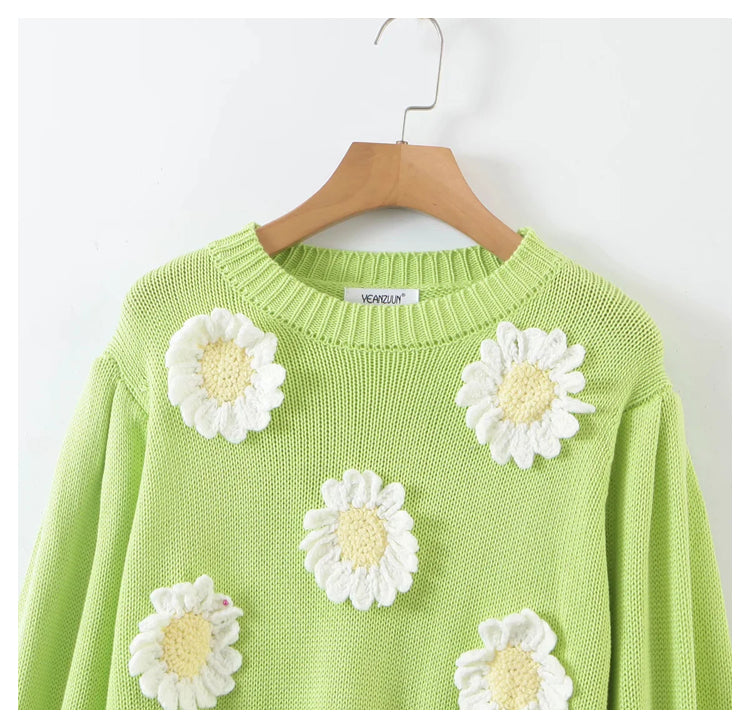 Dreidimensionaler Sonnenblumen-Pullover locker gestrickter Pullover 7299
