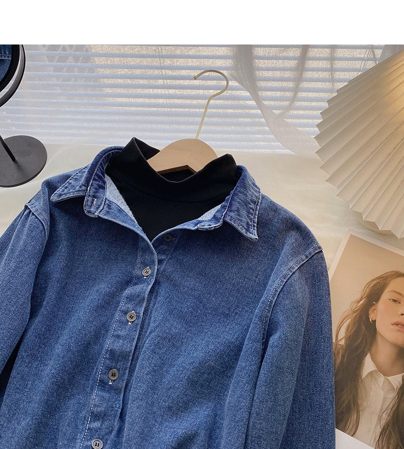 Niche design fashion stitching short Denim Long Sleeve Shirt 6330
