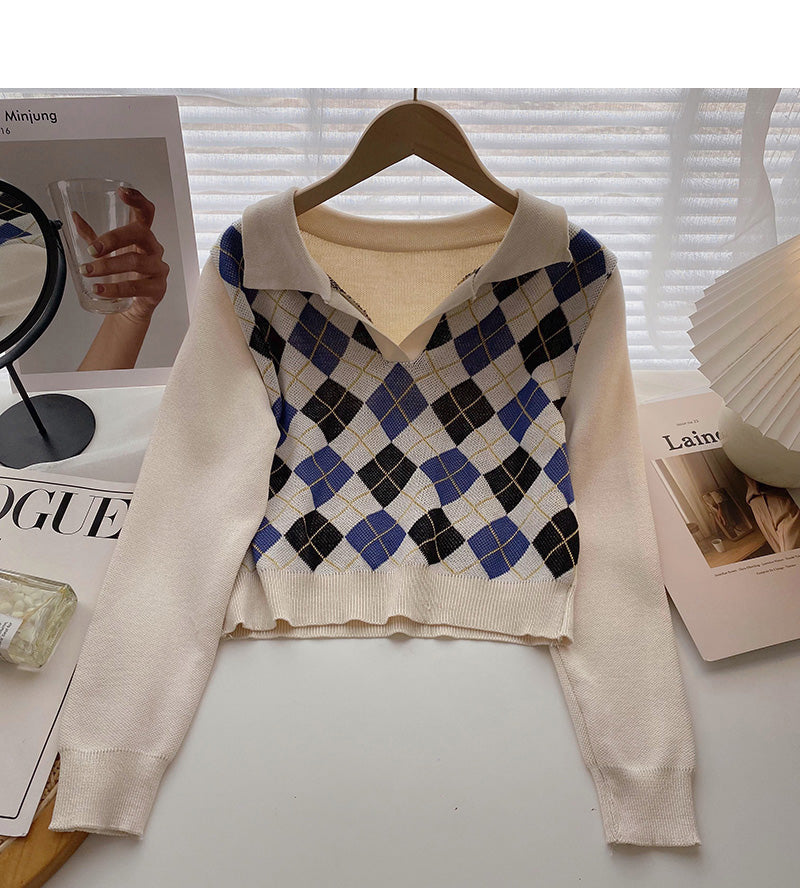 Plaid long sleeve sweater small short Pullover Top  6573