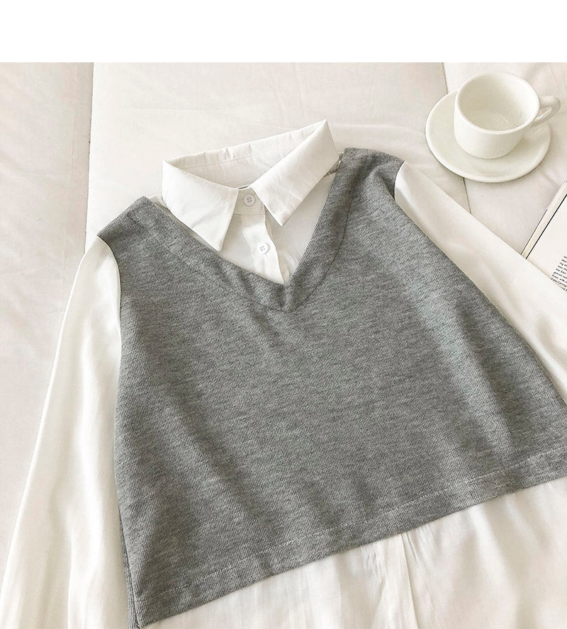 Design sense stitching fake two thin sweaters  6450