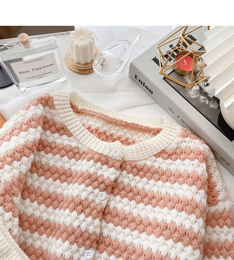 Rundhalspullover Cardigan Damen Streifen Kontrast Langarm 6068