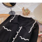 Niche design retro color blocking wave edge Lapel long sleeve top  6587