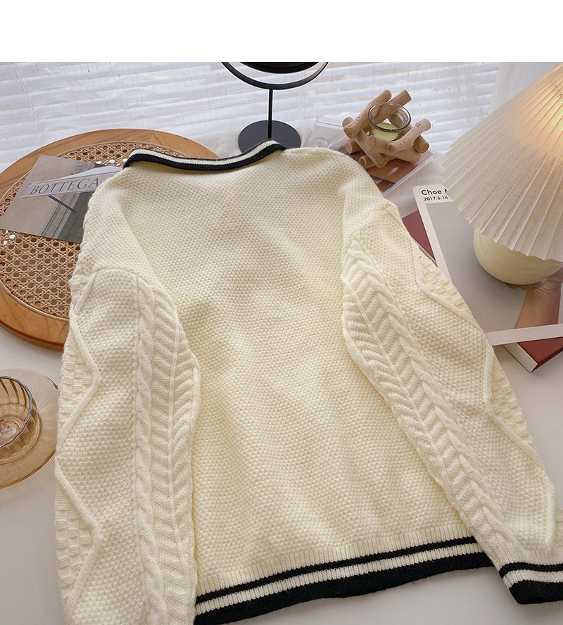 Lapel contrast long sleeve twist sweater  6148