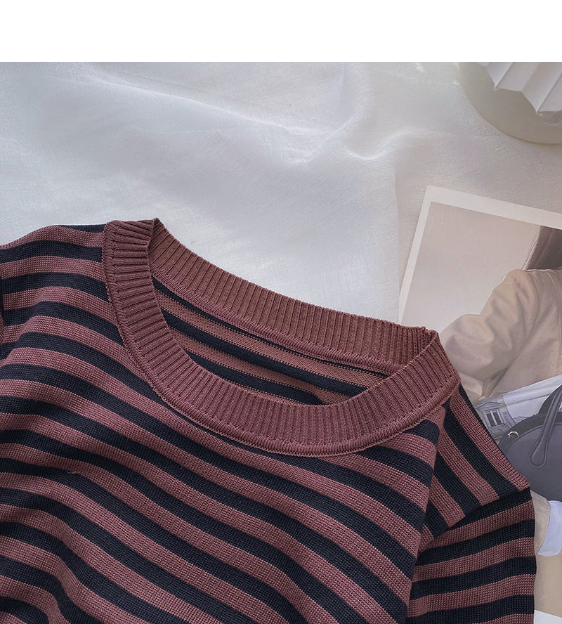 Design sense hollowed out long sleeve sweater slim striped top  6602