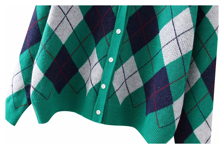 V-neck diamond check button long sleeve loose knit cardigan coat  7362