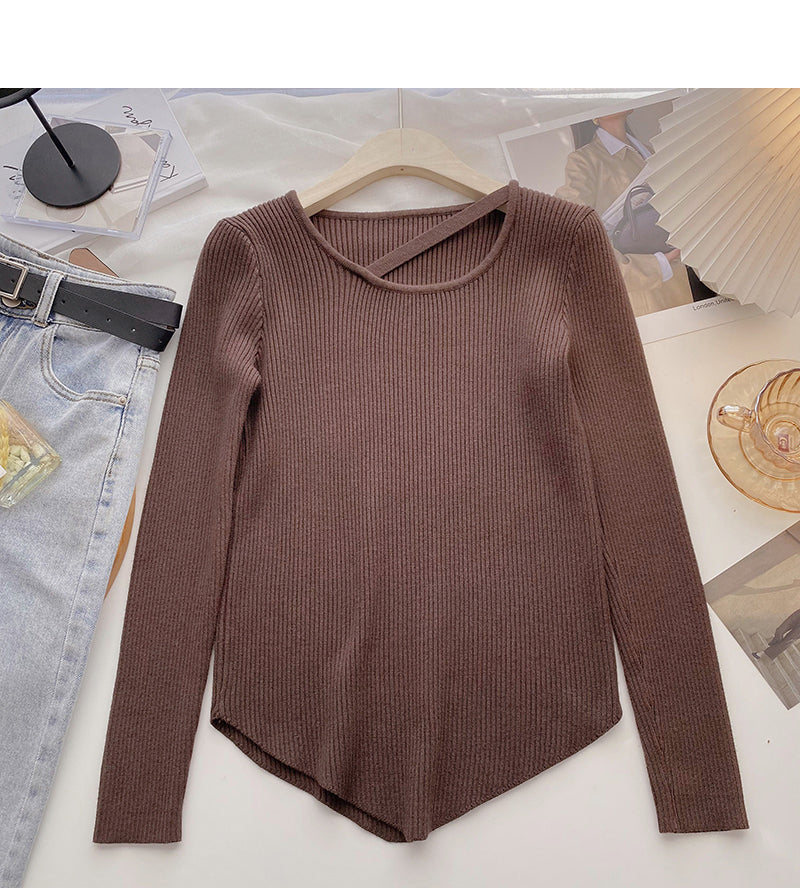 Design sense crew neck T-shirt solid color versatile long sleeve bottoming shirt  6693