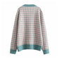 French xiaoxiangfeng knitted cardigan V-neck Plaid loose coat sweater top  7361