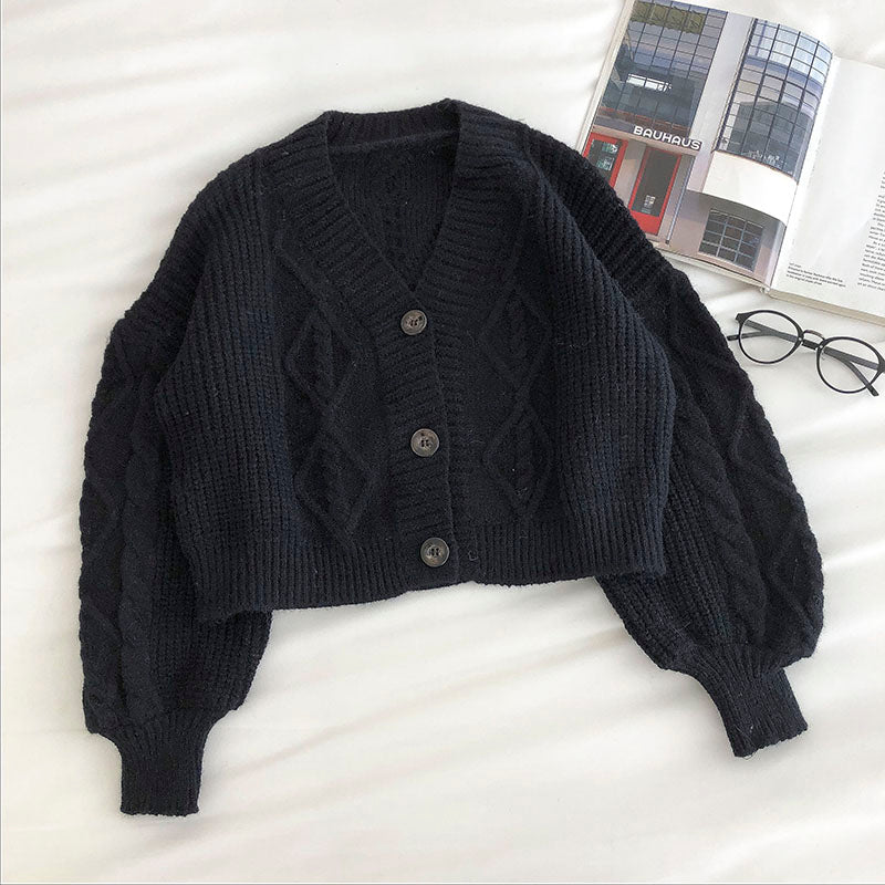 Loose coat women's long sleeve retro three button sweater  5836