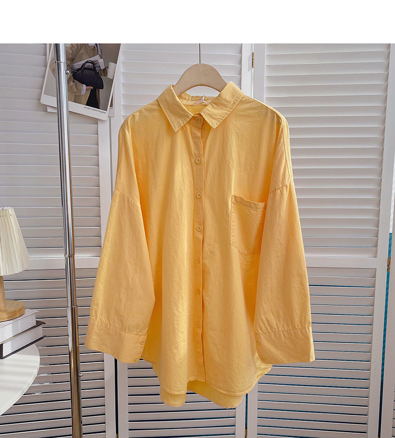 Long sleeve solid color shirt casual loose cardigan top  6426