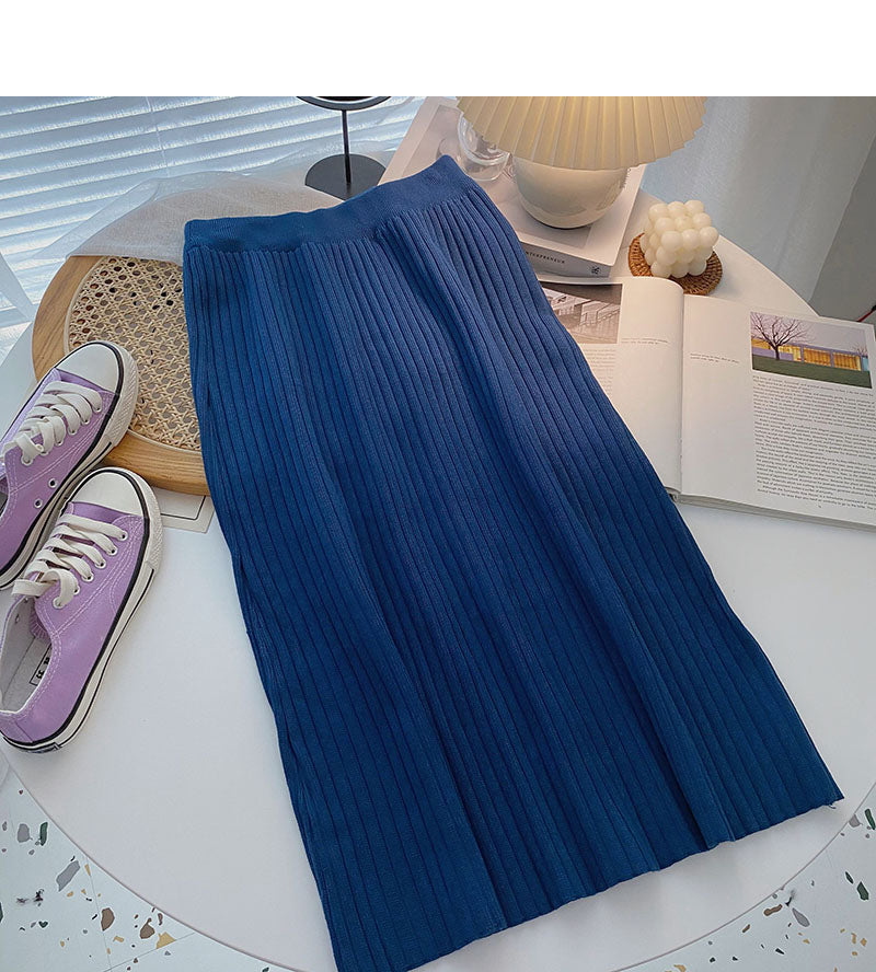 Simple solid color high waist knitted thread A-line skirt  5750