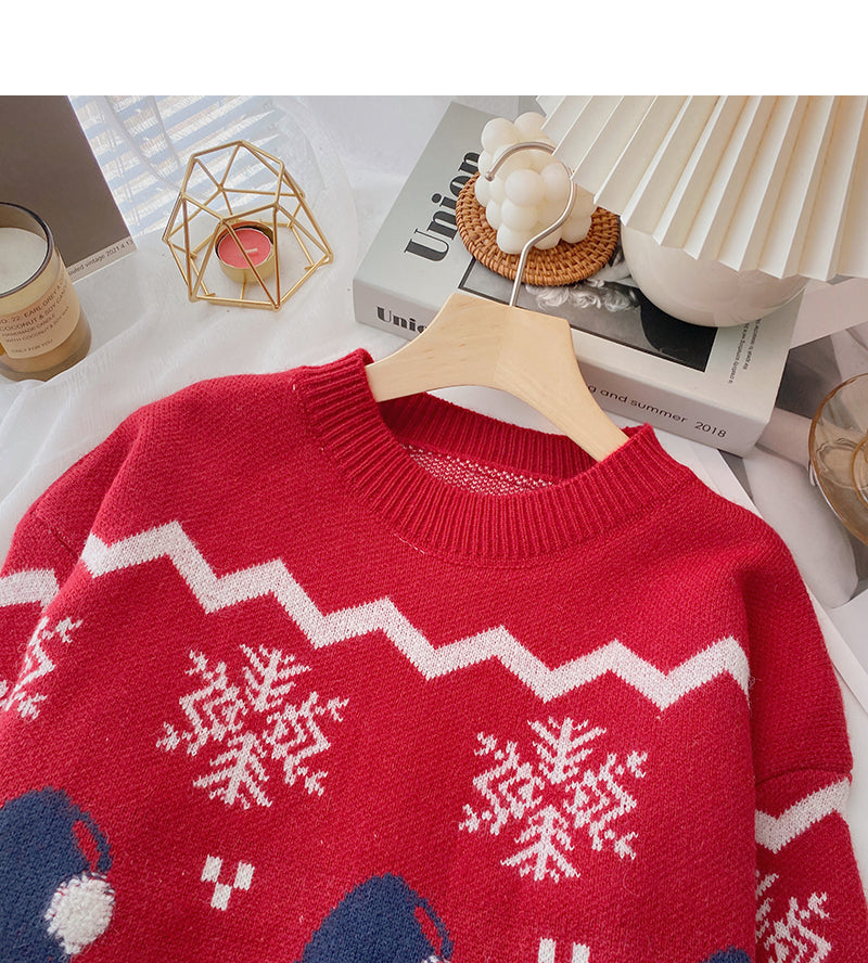 Weihnachtsmütze Jacquard Kontrast Pullover Langarm Pullover Top 6161