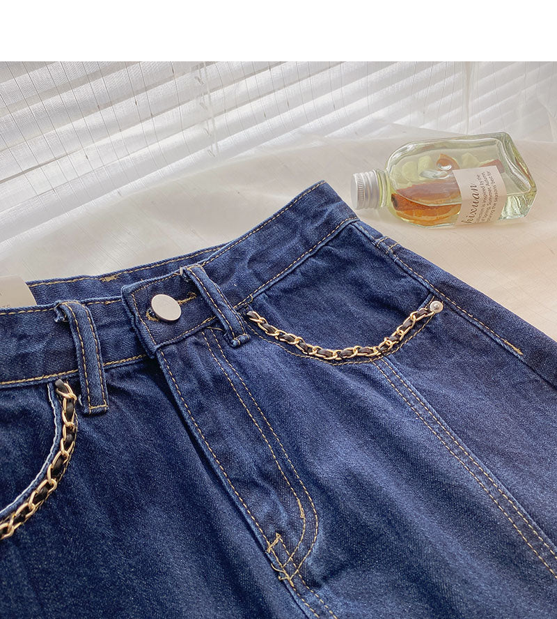 Small retro chain decorative high waist split A-line skirt  5722