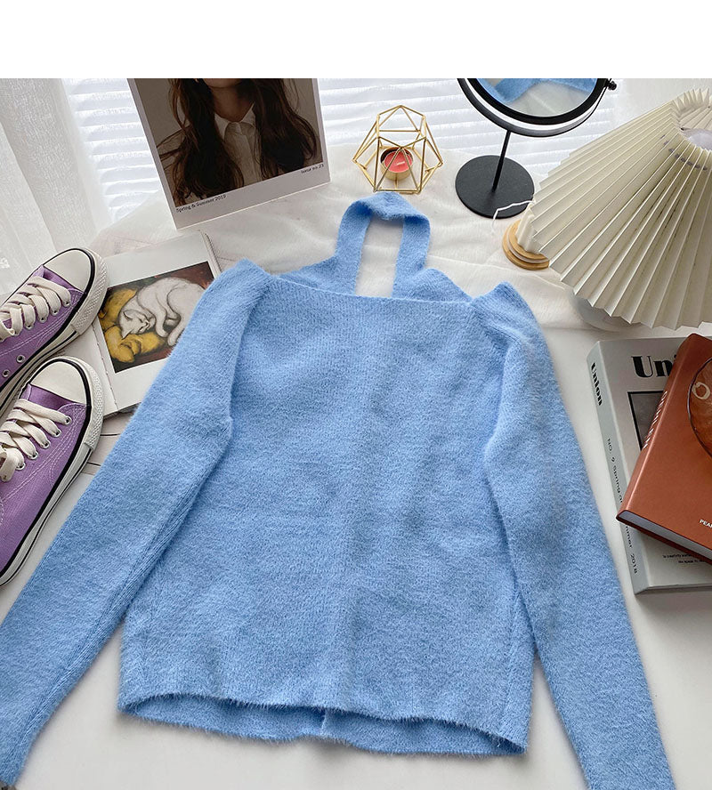 The new Korean one line neck hanging neck design feels off the shoulder  6101