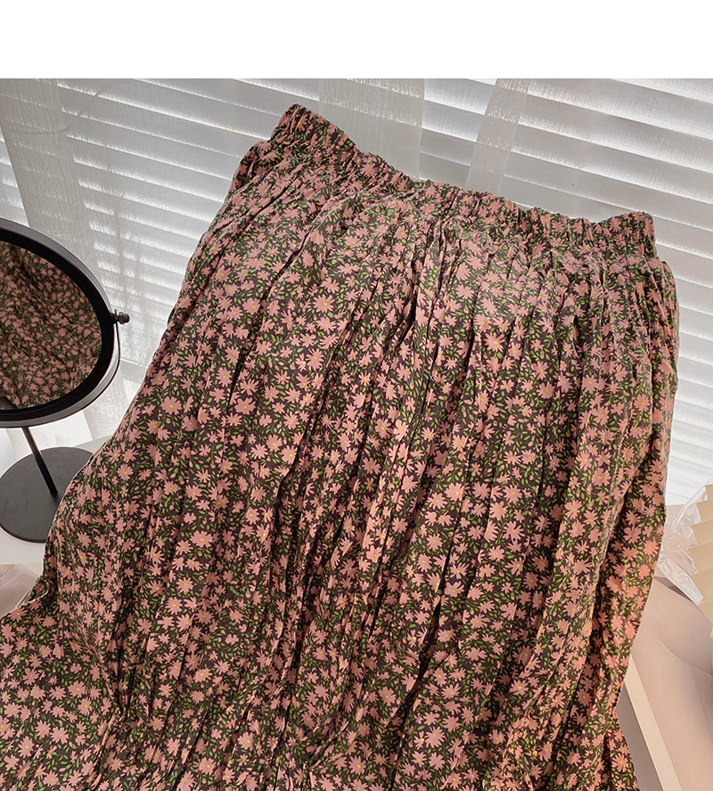 Hong Kong style retro floral high waist elastic A-shaped large swing skirt  5738