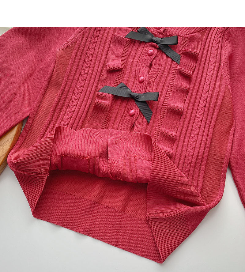 Cardigan tricoté vintage à col en T et nœud 6494
