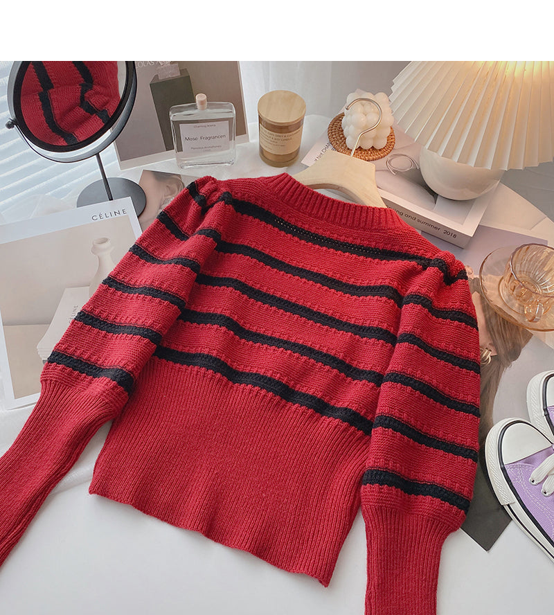 Striped Vintage square neck T-shirt short temperament top  6548