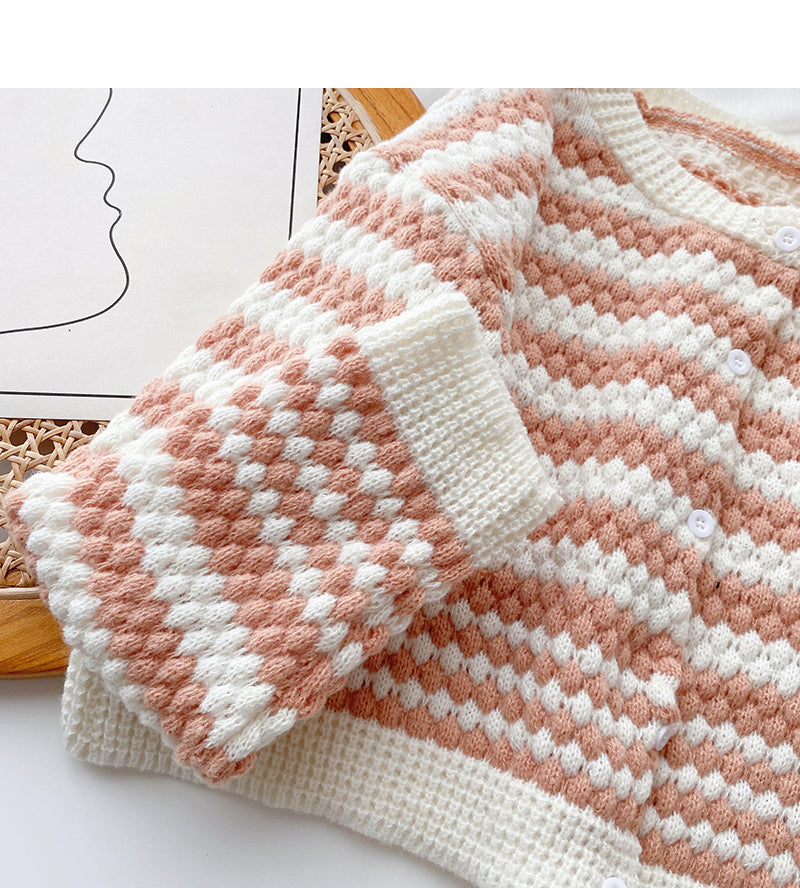 Rundhalspullover Cardigan Damen Streifen Kontrast Langarm 6068