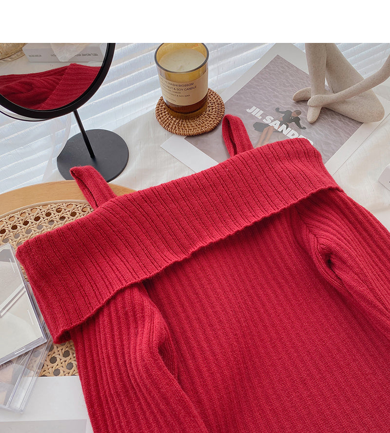 Straight neck irregular thin suspender long sleeve sweater  6444