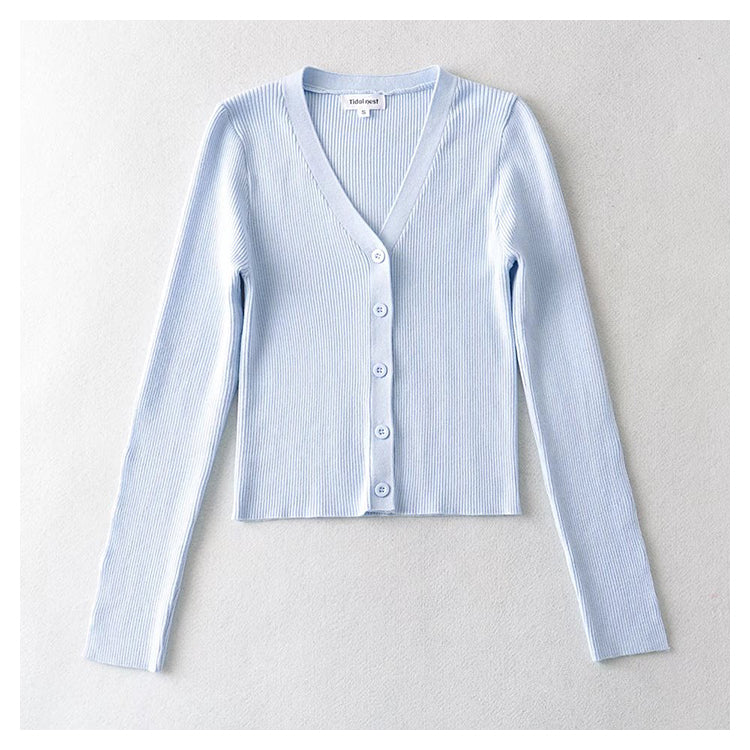V-neck single breasted high waist open navel knitted cardigan  7385