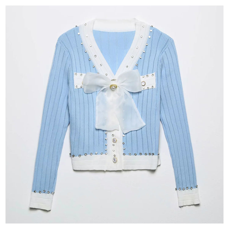 Xiaoxiangfeng V-neck heavy industry rivet bow knit cardigan  7294