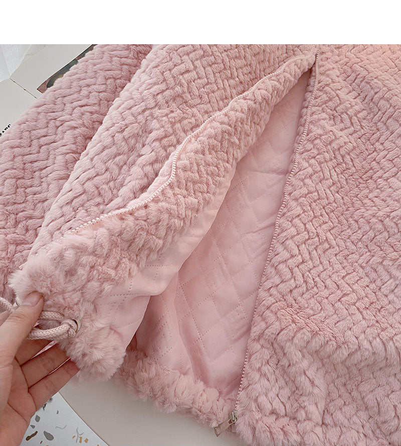 Loose Plush coat with drawcord design and stand collar warm top  6223