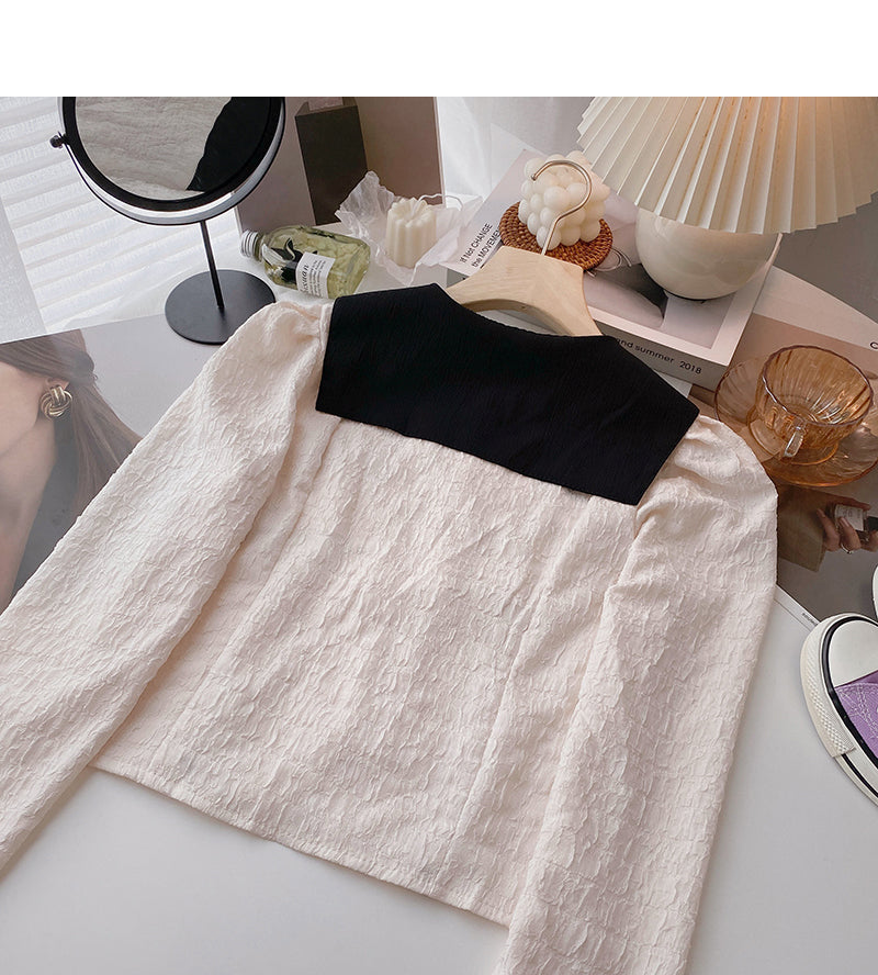 The new Korean doll collar contrast color bandage design feels thin top  6397