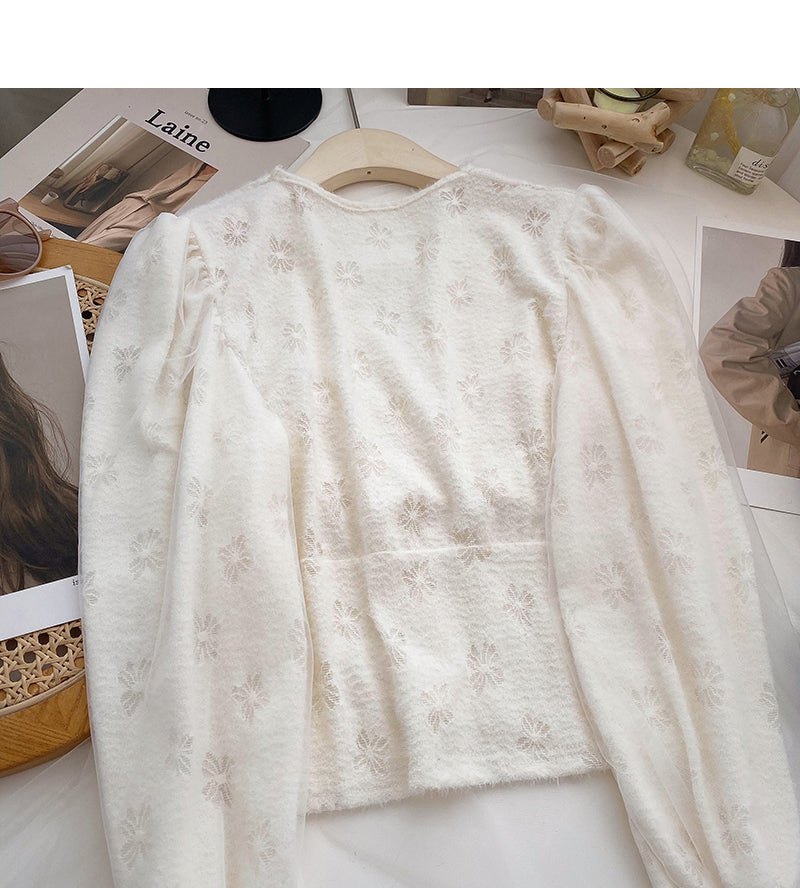 Mesh-Langarm-T-Shirt mit V-Ausschnitt, schmal geschnittenes Oberteil mit kurzem Muster 6670