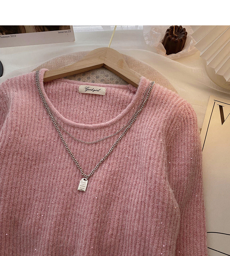 Vintage design chain round neck Pullover long sleeve Sequin Knitted Top  6010