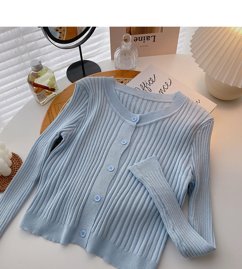 Koreanische Version, dünne, langärmlige, vielseitige, einfarbige Strickjacke mit Rundhalsausschnitt 6550