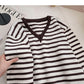 Vintage V-neck striped long sleeve top with knitted cold hat  6029