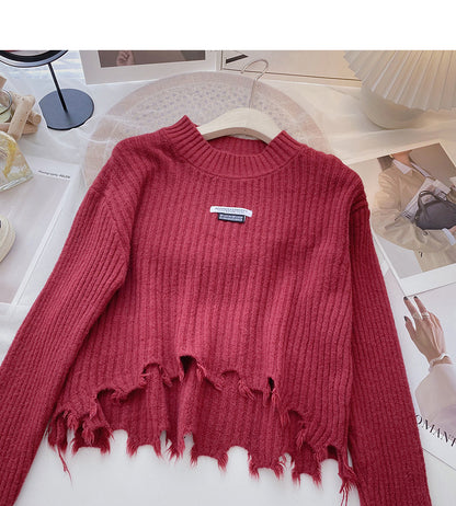 Loser vielseitiger Pullover mit Rundhalsausschnitt, unregelmäßiges kurzes Top 6183
