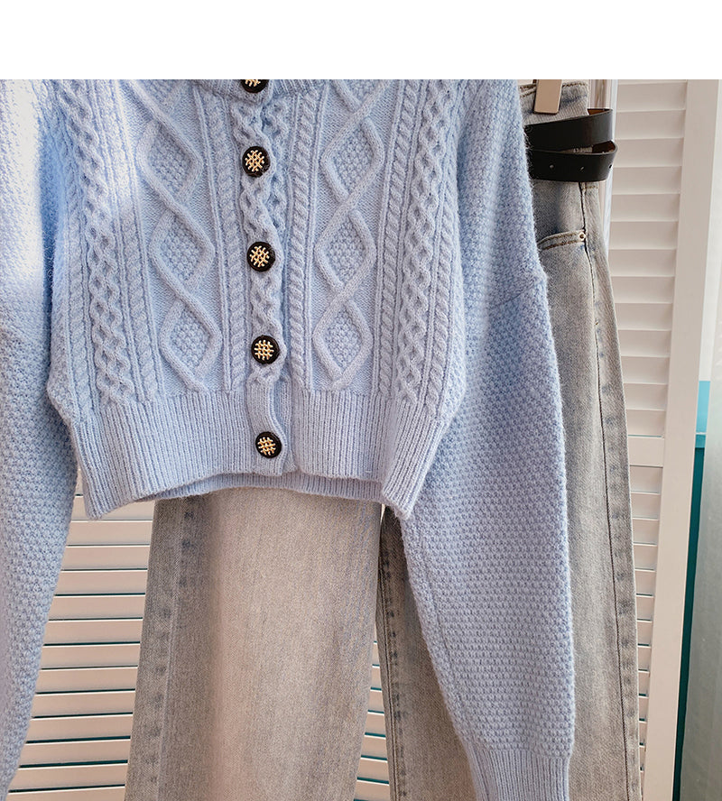 High waist short twist sweater single breasted cardigan top  6139
