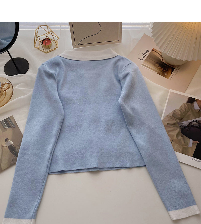Korean version single row small pocket design contrast color long sleeve top  6669