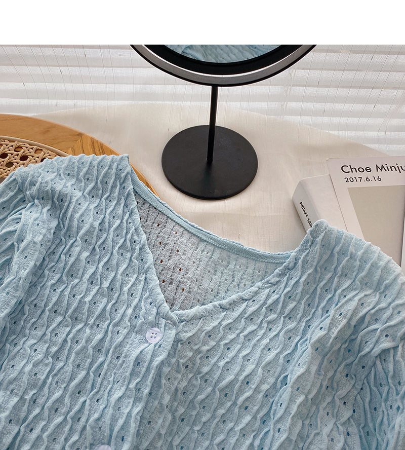 Slim and slim pleated top trendy and niche V-neck shirt female  6312