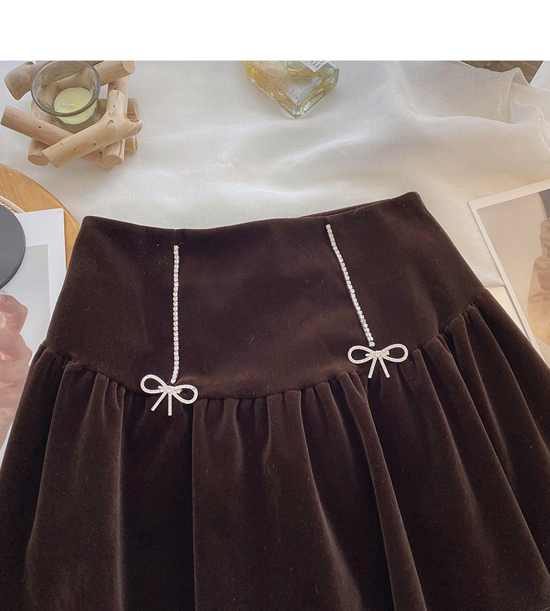 Golden velvet retro diamond studded bow high waist A-line umbrella skirt  5612