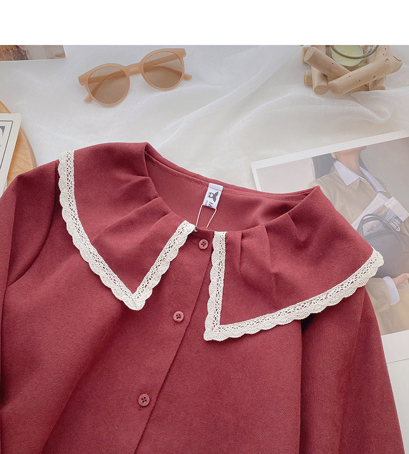 Korean version of exotic age reducing lace doll neck long sleeve versatile top  6353