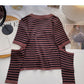 Design sense hollowed out long sleeve sweater slim striped top  6602