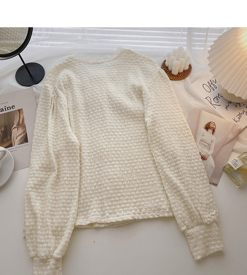 Korean version of foreign style solid color lace round neck top  6335