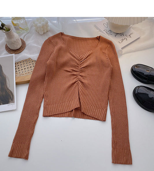 Haut court plissé mince en tricot coréen à la mode 6633