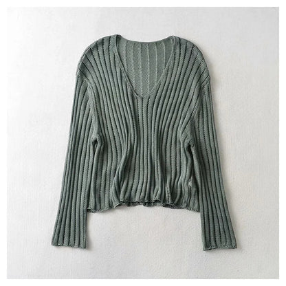 Sweet and versatile loose V-neck linen sweater  7397