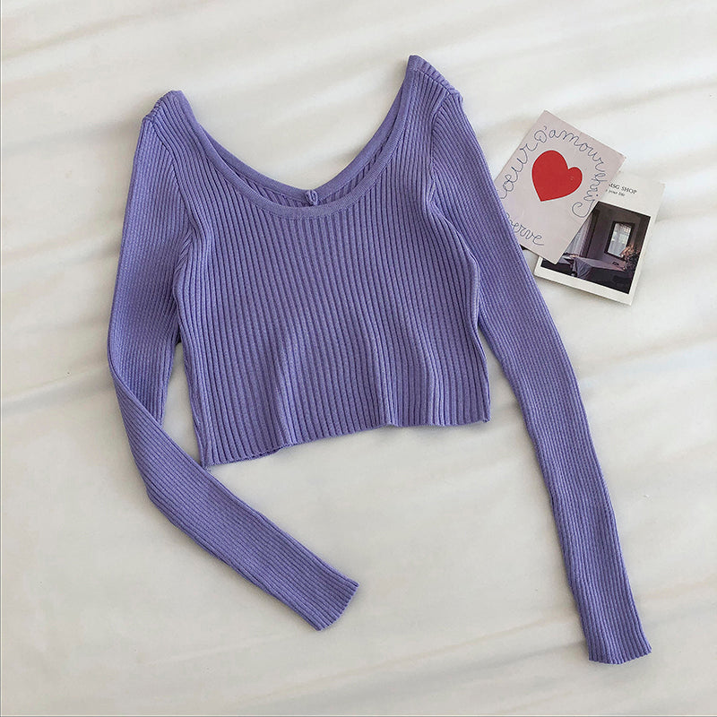 Solid color two wear long sleeve leaky clavicle sweater  6463