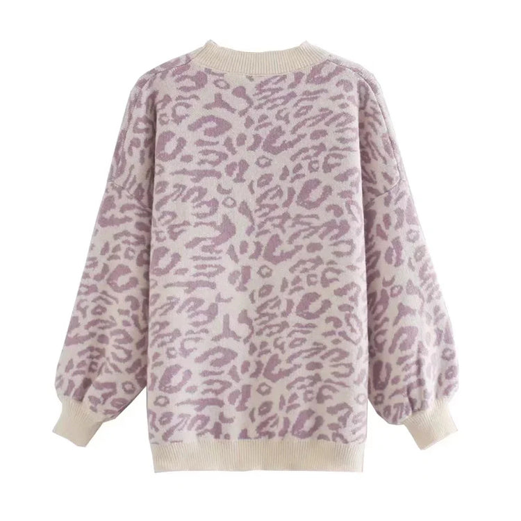 Pull ample à manches longues en jacquard léopard 7464