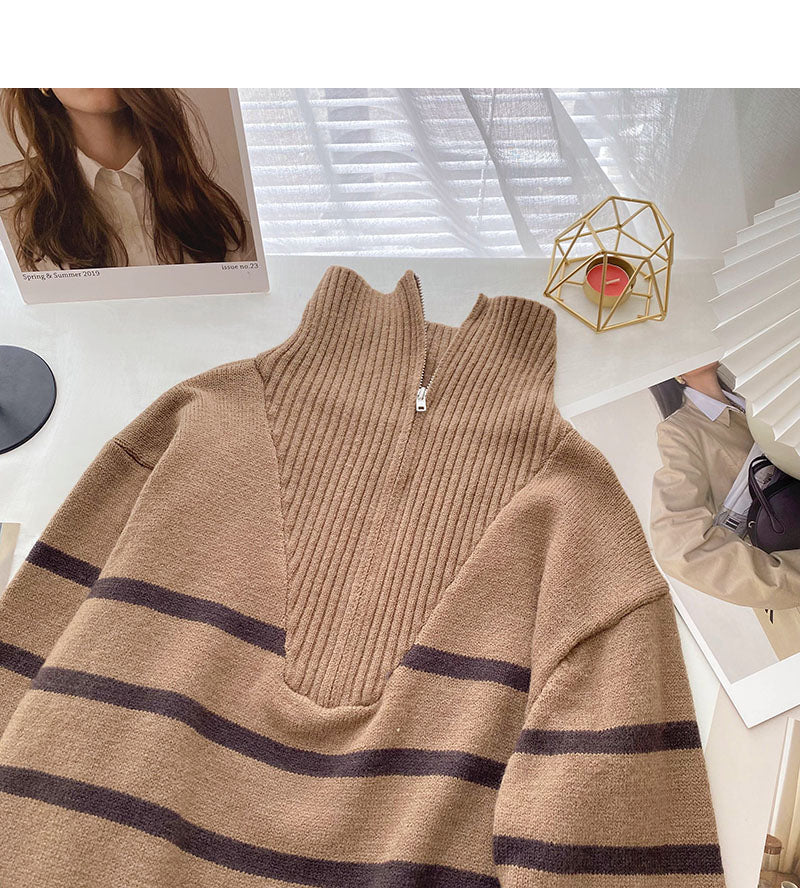 Lapel Half Zip stripe contrast panel long sleeve top  6043