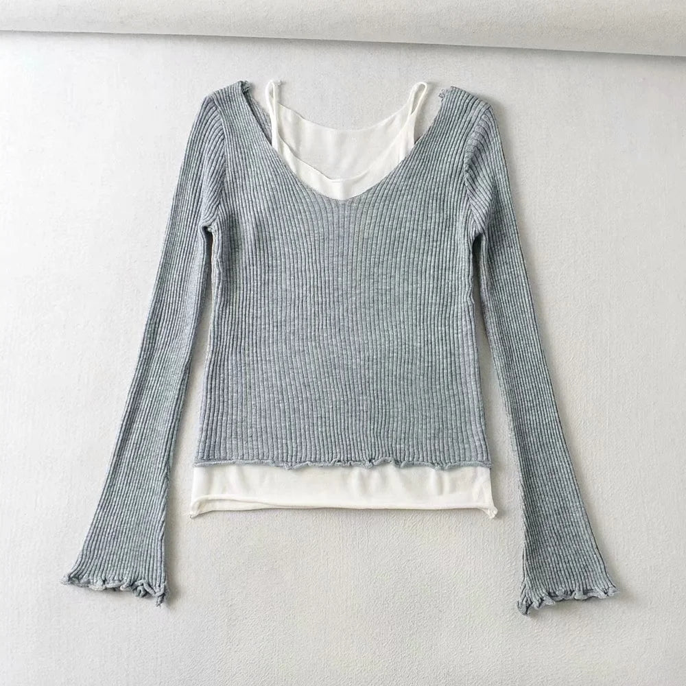 Tricot slim polyvalent à deux épaules dénudées et contraste de sens du design 7386