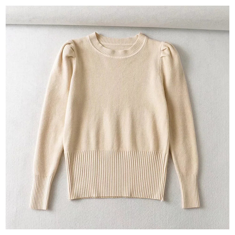 Round neck bubble sleeve elastic slim knit sweater  7444