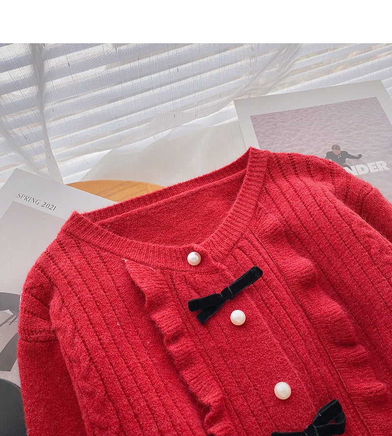 Pull col rond avec nœud et boutons en perles, joli haut à manches longues 6074