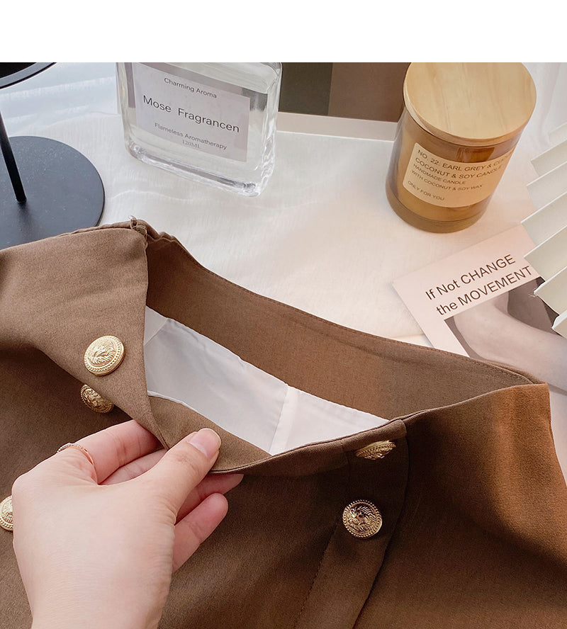 Neues Design personalisierter zweireihiger A-Linien-Faltenrock mit Knöpfen und hoher Taille 5647