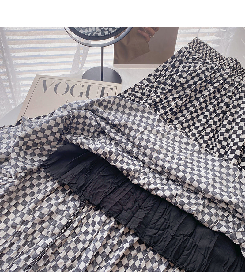 Irregular plaid skirt women's slim high waist elastic A-shaped long skirt  5807